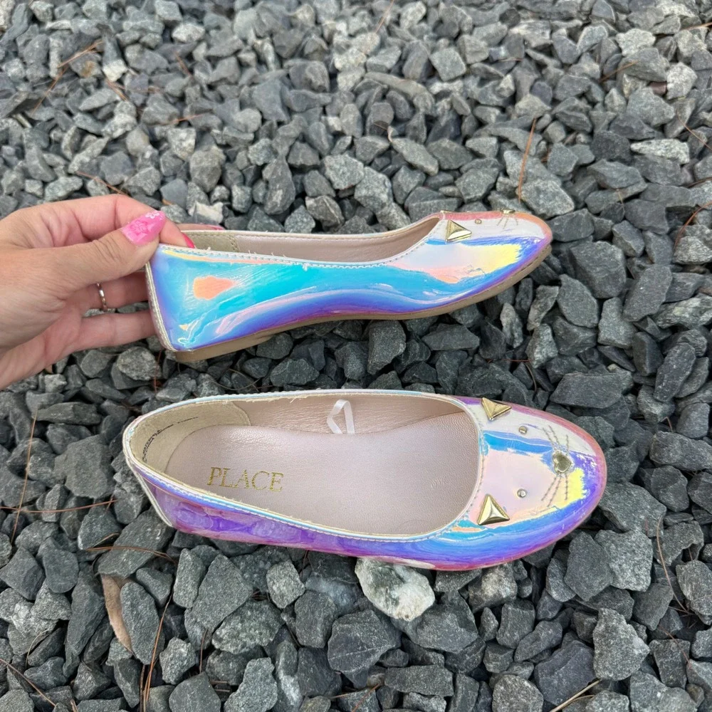 The Childrens Place Girls Iridescent Cat Ballet Flats Holographic Size 11